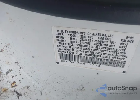 2006 Honda Odyssey Ex from USA, damaged, VIN 5FNRL38496B104892